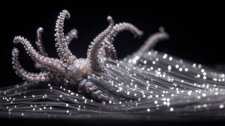 Tentacles artistically intertwine fiber optic cables, creating a stunning visual of high-speed data flow against a dark backdrop.の素材