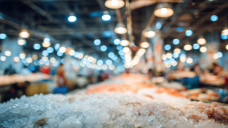Brightly lit seafood market showcases a beautiful ice display featuring octopus while shoppers browse the vibrant stands during peak hours.の素材