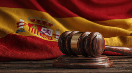 A wooden judges gavel rests on a wooden surface with the Spanish flag boldly displayed in the background, symbolizing justice and law in Spain.の素材