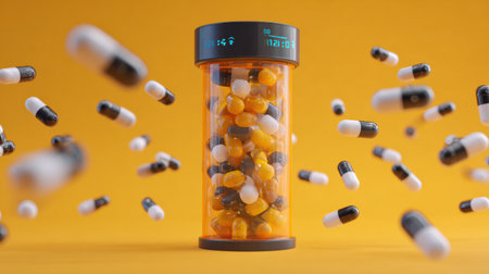 A smart pill bottle with digital indicators shines against a vivid backdrop, featuring colorful capsules that embody modern healthcare.の素材