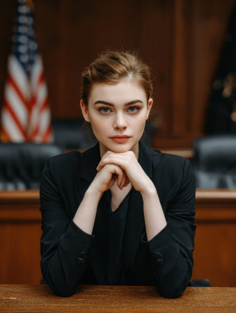 A woman sits at a table in a courtroom, looking composed and focused on her surroundings during the legal process.の素材