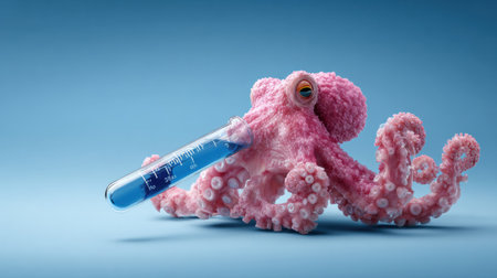 In a clean lab environment, a realistic octopus grips a test tube filled with bright blue liquid, showing a chemistry theme.の素材