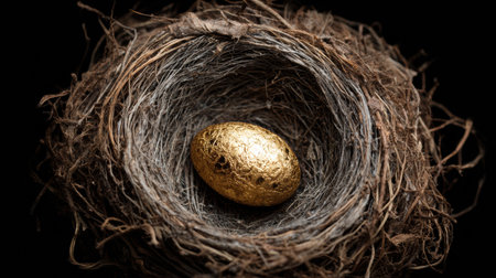 A shimmering golden egg symbolizes economic growth and opportunity nestled in a finely woven nest, showing natures beauty and potential.の素材