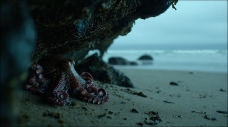 A vibrant tentacle is seen arising from a rock crevice in an open area near the beach, showcasing rich details against a tranquil backdrop.の素材
