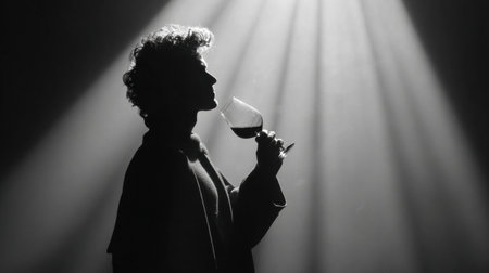 A sommelier stands elegantly, holding a wine glass to his nose, absorbing its rich aroma in a bright spotlight.の素材