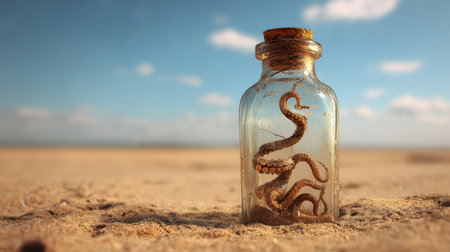 Tentacle is wrapped around a glass bottle resting on clean sand, with open sky above, creating a peaceful sea storytelling atmosphere.の素材