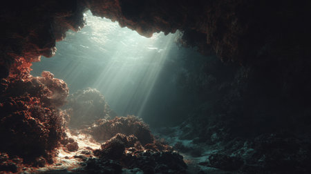 An underwater cave reveals a faint silhouette of an octopus in the distance, highlighted by dramatic beams of light from above.の素材