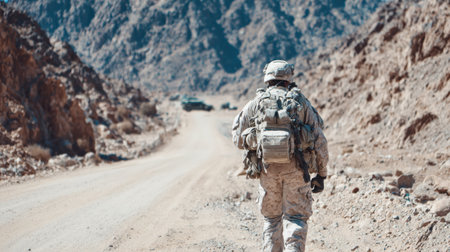 Uniformed soldier walks down a dirt road surrounded by rocky hills while on a crucial mission in a conflict area during twilight hours.の素材