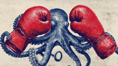 A retro-inspired octopus wears red boxing gloves, featuring a striking graphic texture and an empty space for a personalized titleの素材