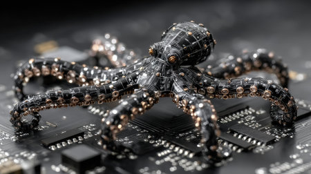 A robotic octopus extends its limbs to grip an encrypted hard drive, representing modern cybersecurity challenges in technology.の素材