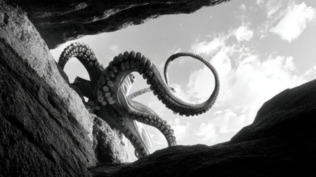 A tentacle rises from a narrow rock crevice towards an open area, showing contrasting light and shadow in a nature setting.の素材