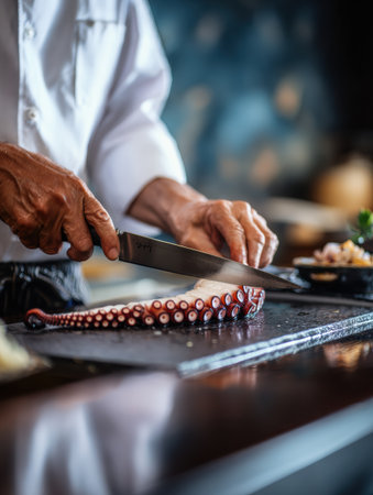 Sushi chef skillfully cuts a giant octopus on a countertop, showcasing artisanal cooking techniques in a vibrant kitchen atmosphere.の素材