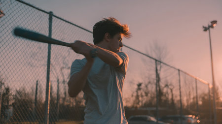 A young man swings a baseball bat during golden hour at a sports field, focusing on his technique as the sun sets behind him.の素材