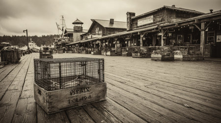 The boardwalk in a nostalgic fisher village shows an octopus crate, adding charm to the airy space, capturing a moment in time.の素材