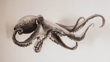 Intricate octopus drawing created in zen ink wash style on rice paper showcases fine brush texture with space for a meaningful quote.の素材
