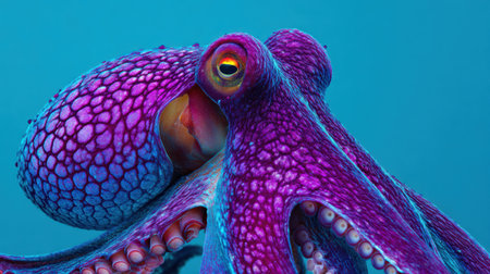 A colorful purple octopus navigates through a bright turquoise ocean, showing its unique patterns and vibrant colors.の素材