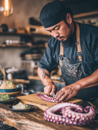 Chef skillfully prepares giant octopus with precision in a rustic kitchen as a focus on artisanal cooking techniques shines through.の素材