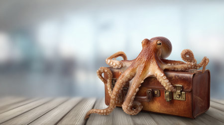 An octopus sits on a suitcase at an airport, symbolizing travel and adventure in a unique and whimsical way.の素材