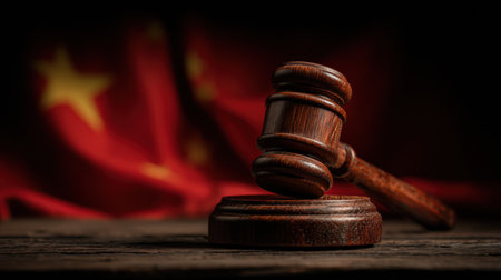 A judges gavel rests on a wooden surface in front of the Chinese flag, symbolizing authority and the legal system in China.の素材