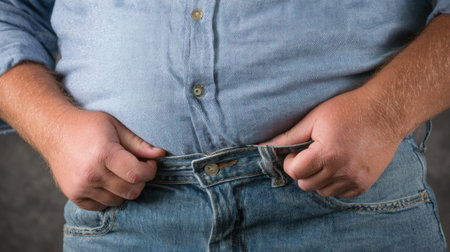 A person is trying to button a pair of tight jeans that are causing a noticeable belly bulge, highlighting everyday lifestyle challenges.の素材
