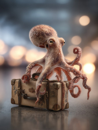 An octopus sits on a suitcase at an airport, suggesting it is set for a travel adventure amidst a blurred background.の素材