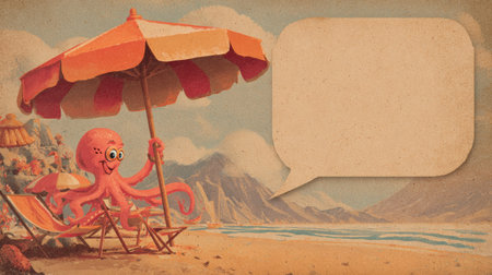 An octopus lifeguard relaxes under a striped umbrella on a warm beach, inviting travelers to enjoy sun and fun in a vibrant coastal location.の素材