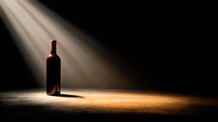 A wine bottle is illuminated by a narrow golden spotlight, creating deep shadows and a dramatic contrast against the dark background.の素材