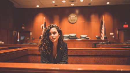 A woman sits at a table in a courtroom, showing a calm demeanor while waiting for legal proceedings to begin in a formal setting.の素材