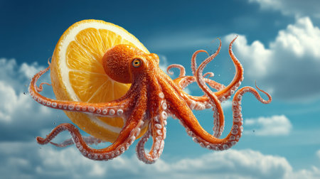 A vibrant octopus grips a large lemon slice against a clear blue sky, embodying the essence of summer refreshment.の素材