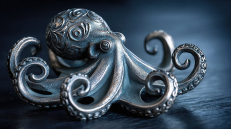 A silver octopus statue rests on a dark background, emphasizing its elegant design and intricate details in a minimalist style.の素材