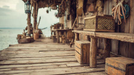 This rustic fisher village boardwalk features vintage tones and an octopus crate, bringing a sense of nostalgia and calm to the seaside scene.の素材