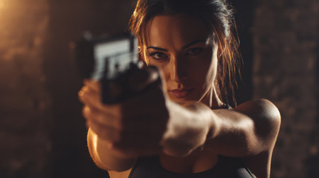 A woman aggressively aims a gun, projecting intense focus and determination in a shadowy environment, creating an atmosphere of confrontation.の素材