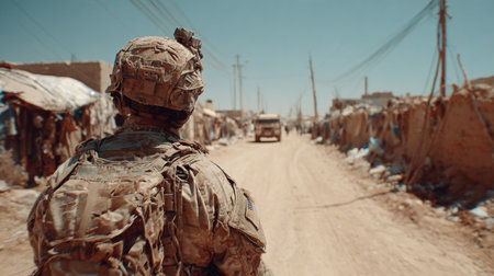 Uniformed soldier moves cautiously on a rough road through a war-torn area, observing surroundings and prepared for the mission ahead.の素材