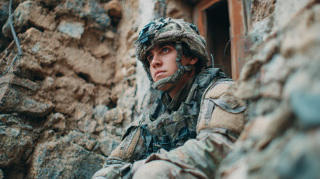 Uniformed soldier sits quietly in a rocky environment, observing surroundings and preparing for the next move during a critical mission.の素材