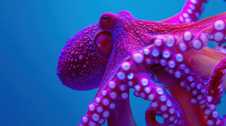 A stunning purple octopus glides through the bright turquoise water, its colors vivid against the aquatic background creating a mesmerizing view.の素材