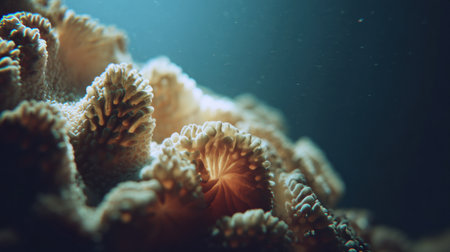Close-up view of a tentacle gripping coral in natural light, showing detailed textures and the beauty of marine life.の素材