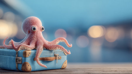 A realistic octopus sits on a suitcase in an airport, hinting at travel adventures and new experiences while surrounded by a blurred background.の素材