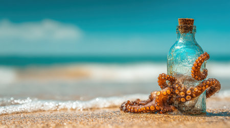 Tentacle embraces a glass bottle message, resting on clean sand with an open sky, evoking sea storytelling and adventure.の素材