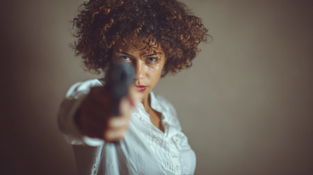 A woman with curly hair holds a gun directly in front of her, showing a fierce expression of anger and determination in a dimly lit room.の素材