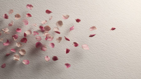 Delicate heart-shaped petals float softly in the air, blurring into a serene background, perfect for heartfelt notes and wishes.の素材