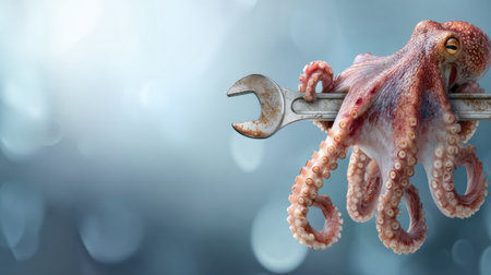 Creative octopus gripping a wrench symbolizes a fun and unique approach to repair services, set against an industrial-themed blurred backdrop.の素材