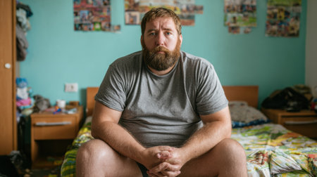 A troubled man sits on his bed at home, looking directly at the camera with a somber expression, reflecting feelings of sadness and insecurity.の素材