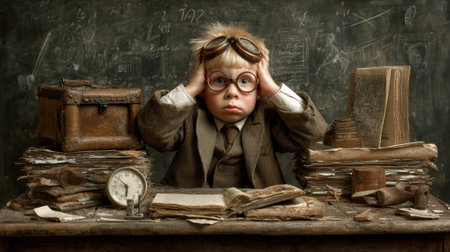 A kindergarten teacher looks overwhelmed at their desk filled with papers and books, struggling to manage classroom responsibilities and stress.の素材