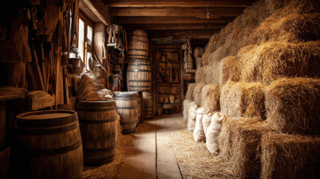 Explore a rustic barn interior featuring straw-filled spaces, old barrels, and a cozy atmosphere typical of a rural winery.の素材