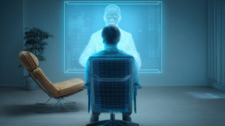 A patient calmly interacts with a telemedicine doctor displayed on a holographic screen in a softly lit room.の素材