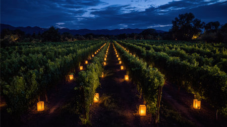 Vines stretch across the vineyard, illuminated by glowing lanterns as night falls, creating a tranquil and inviting atmosphere.の素材