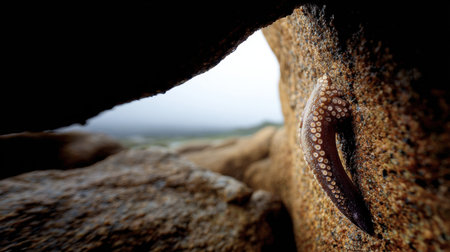 Tentacle of a creature extends from a rock crevice, creating a striking visual against the open landscape, showing natural beauty and mystery.の素材