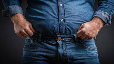 Weight gain is evident as the individual struggles to fasten tight jeans, highlighting the challenges with clothing fit in everyday life.の素材