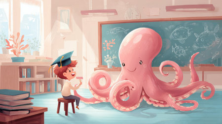 Colorful octopus in graduation hat engages with children in a vibrant classroom filled with learning materials and teaching momentsの素材