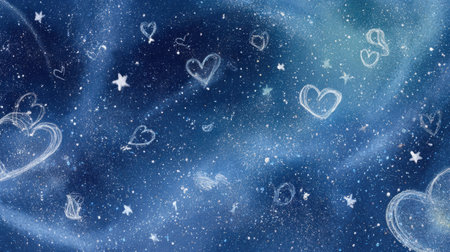 Star-shaped hearts float in a cosmic gradient, surrounded by a dreamy atmosphere and expansive negative space, evoking a sense of wonder.の素材